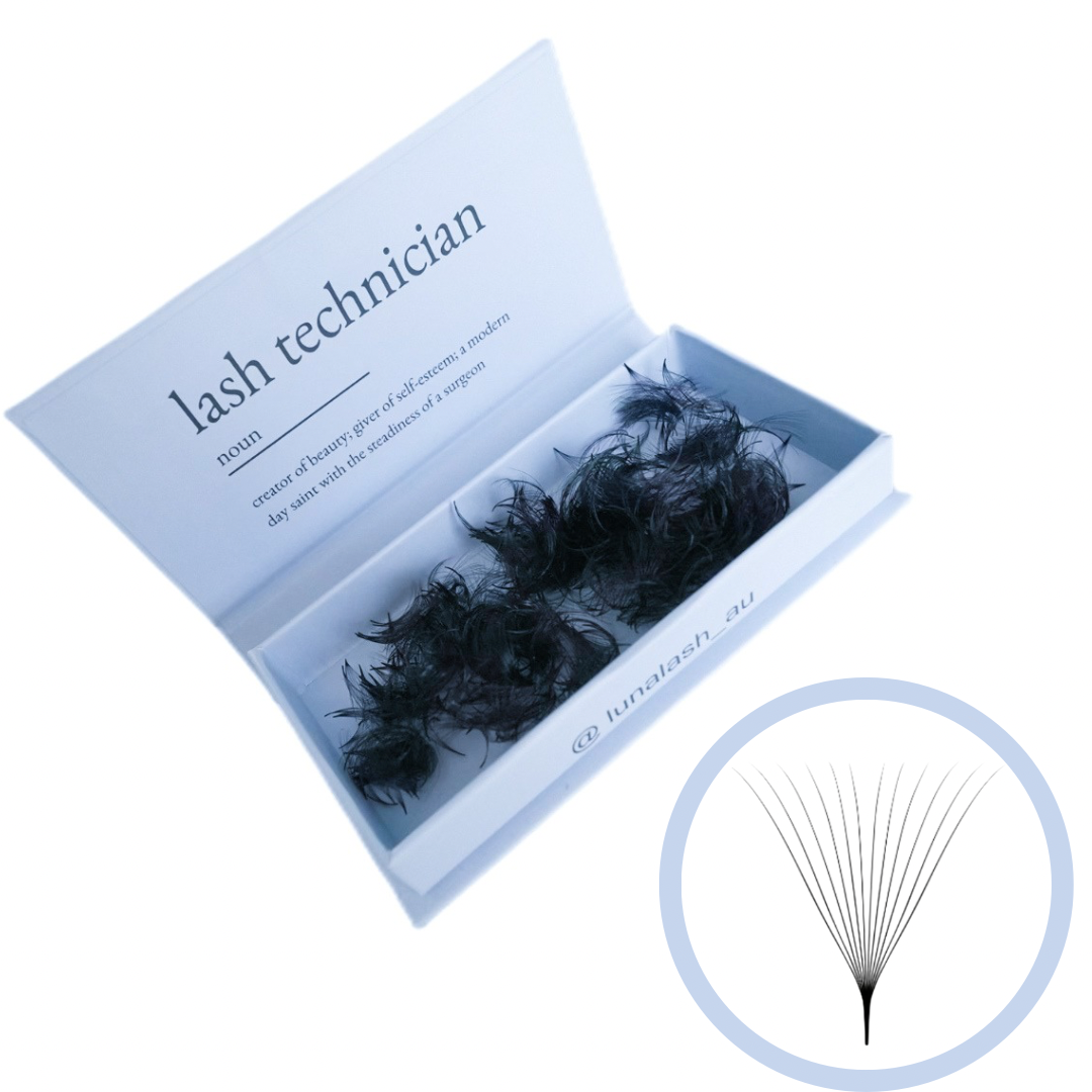 12D Pro-Made Loose Fan Lashes. Hand-made, pointy base premade lashes, designed to save time and money. Perfect for your lash business in Australia. long-lasting, fluffy lashes. 